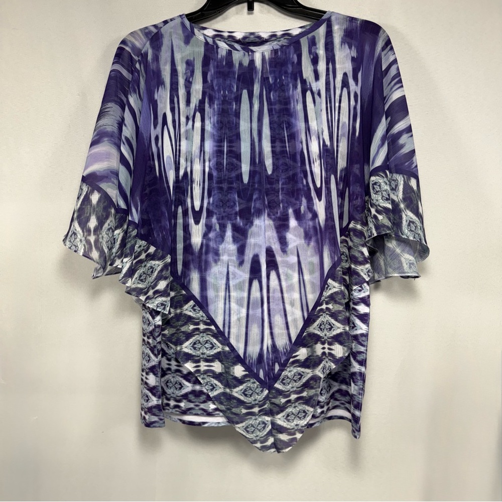 Boho Layered Chico's Purple Ikat Flutter Sleeve Poncho Tank Top Set Size 1 Mediu - Picture 3 of 9